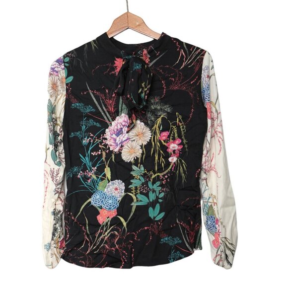Hale Bob Floral Keyhole Blouse Long Sleeve Top Tie Neck Flowers Black White XS - Picture 2 of 9